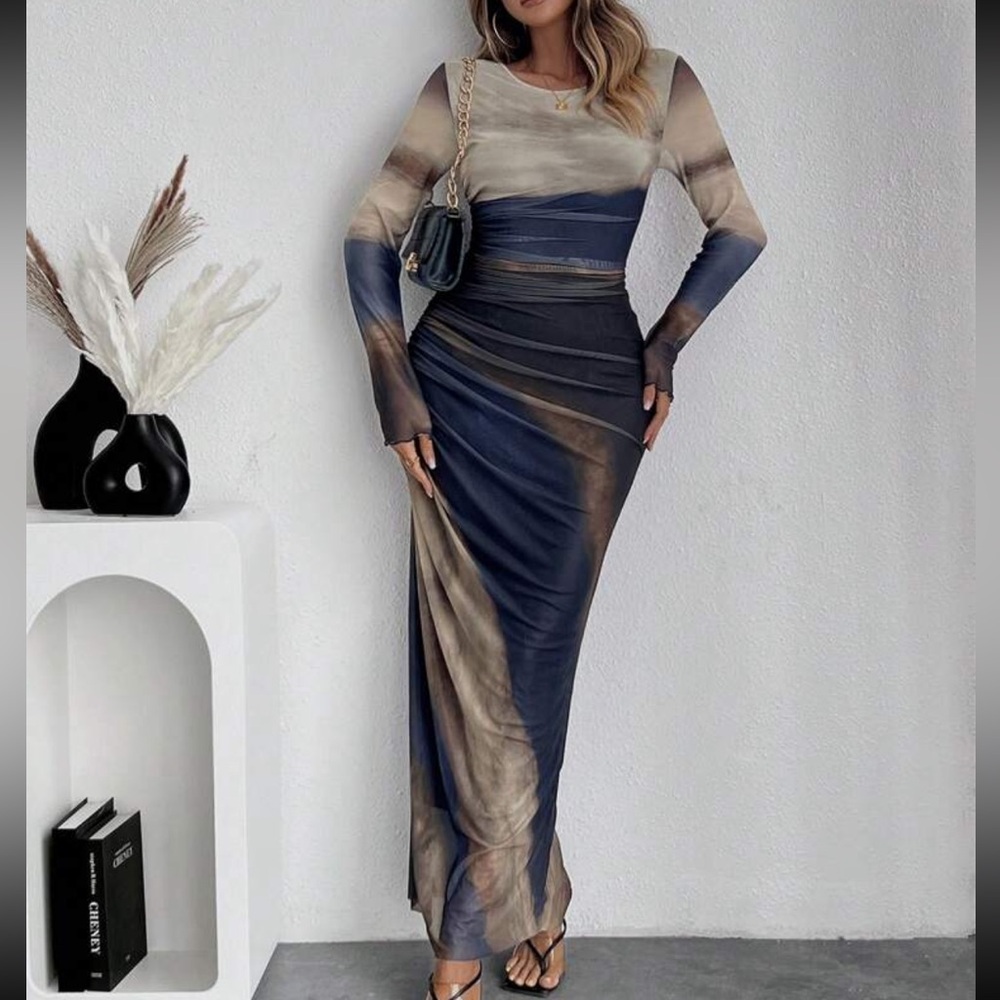 SHEIN Blue and Brown Ombre Long Sleeve Dress